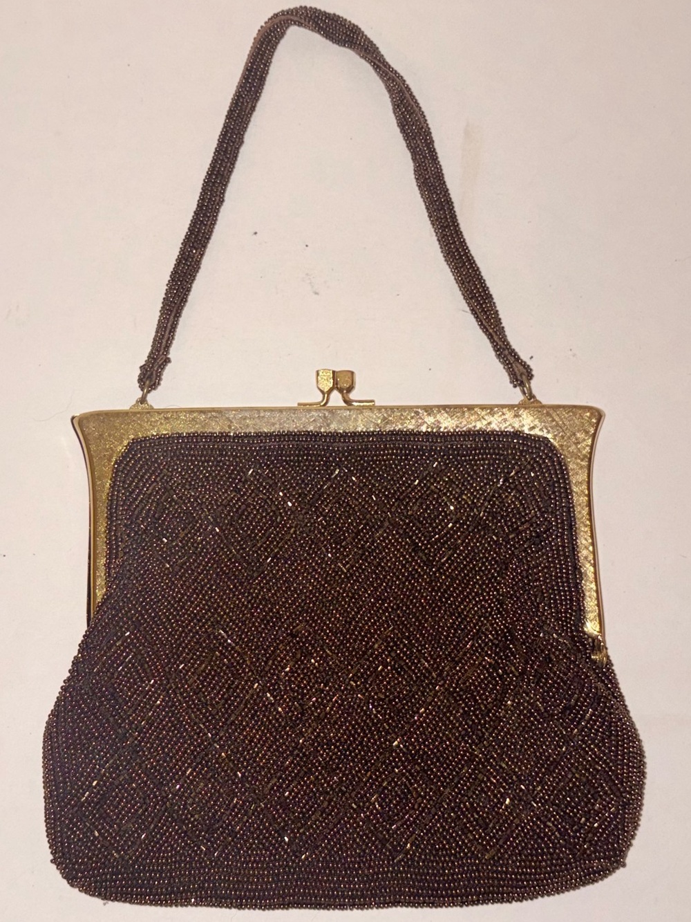 Vintage Richere by Walborg Brown Beaded Evening Handbag Beaded Strap Kiss Lock